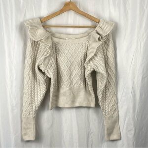 H&M Elegant Cream Cable Knit Ruffle Sleeve Sweater Top Size XS